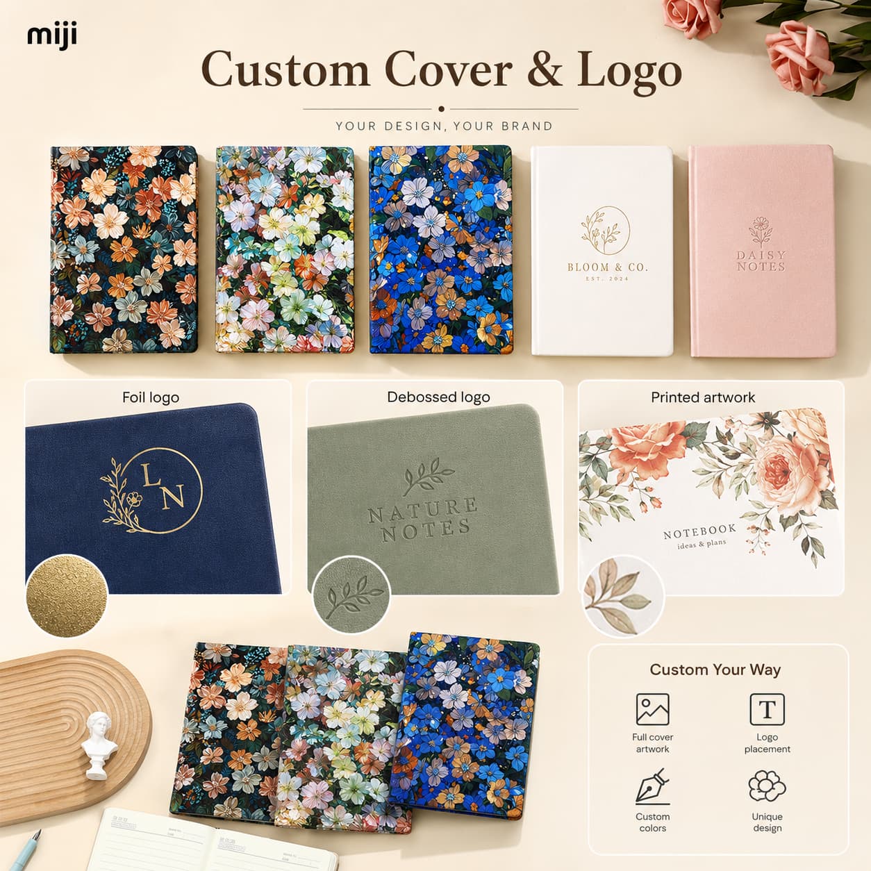 Notebook customization examples showing full-cover artwork, foil logo, debossed logo and printed cover designs.