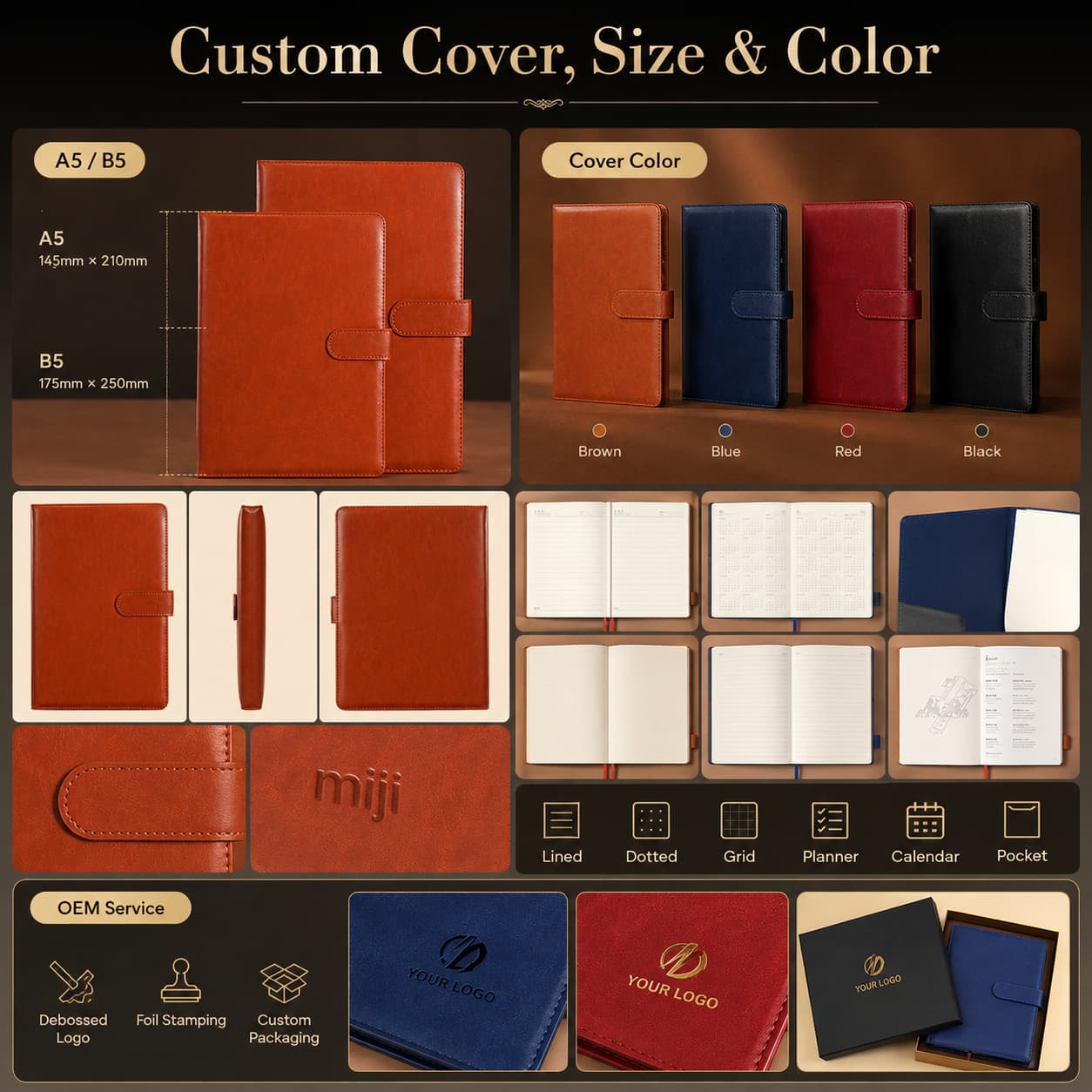 A5 and B5 PU strap closure notebook size comparison with four cover colors and OEM customization examples.