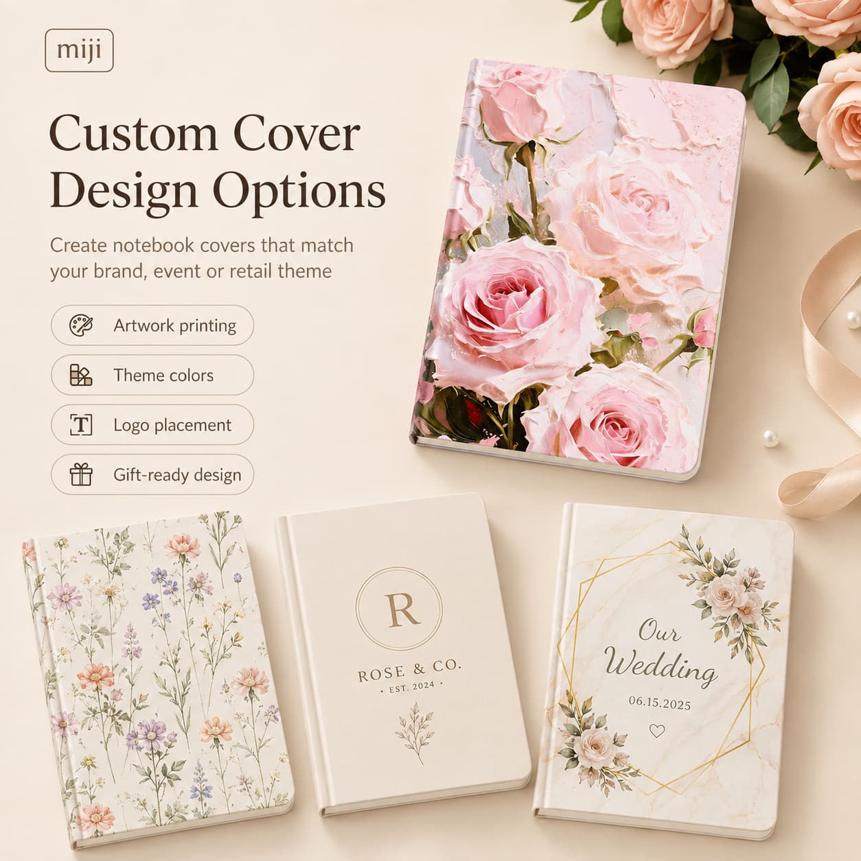 Custom notebook cover examples showing floral artwork, minimalist branding, wedding themes and logo placement.