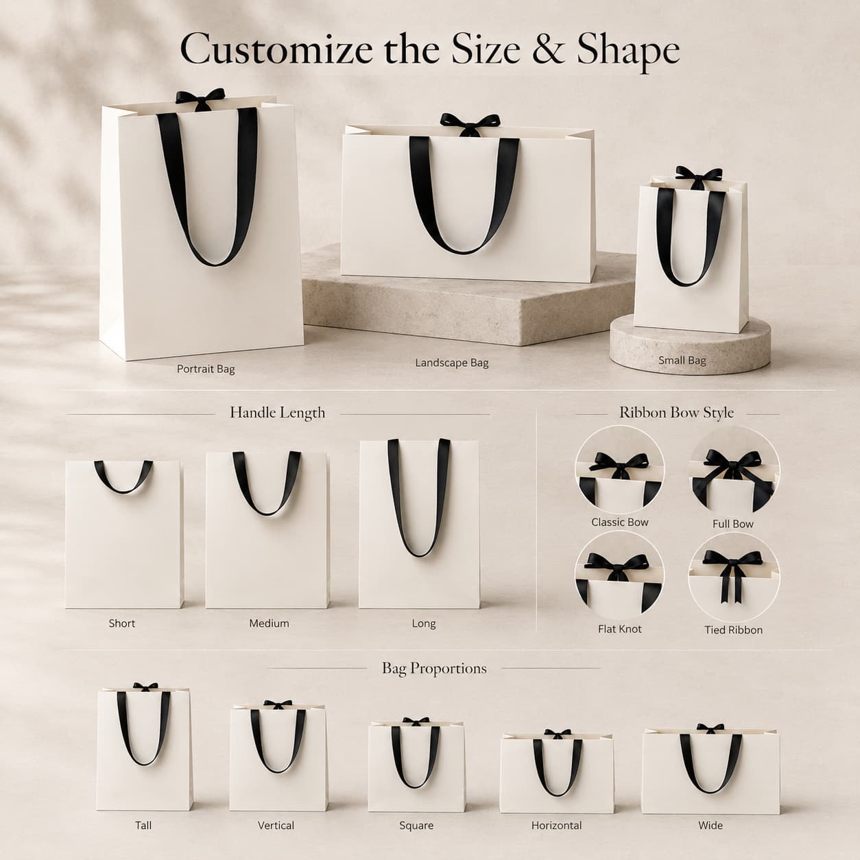 White ribbon handle paper gift bags shown in portrait, landscape, square, wide and small formats with handle and bow options.