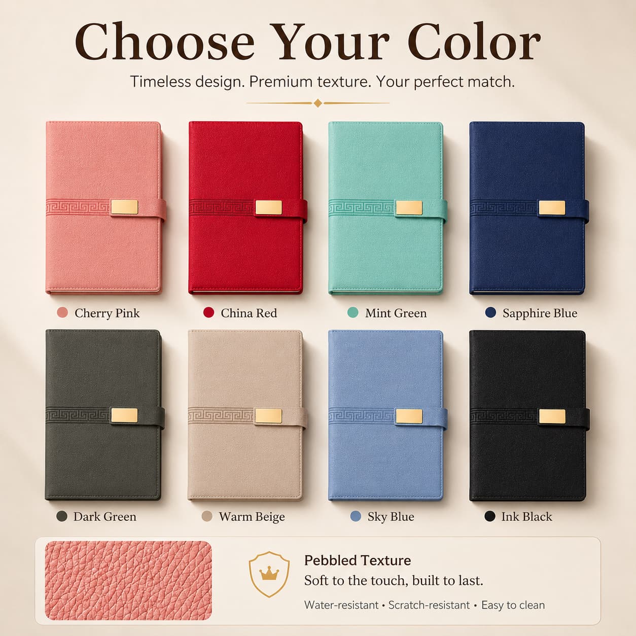 Eight palm-grain PU notebook colors including pink, red, green, blue, beige, gray, and black with gold-tone buckle closures.