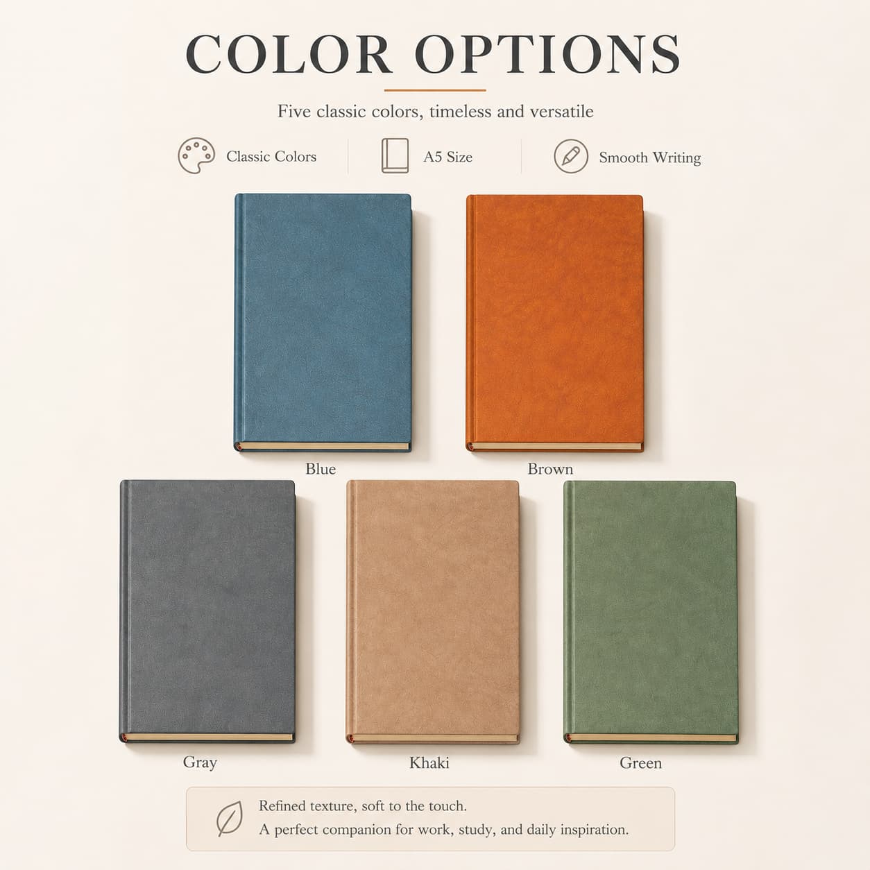 Five vintage-texture PU notebook colors displayed as denim blue, brown, gray, khaki and matcha green.