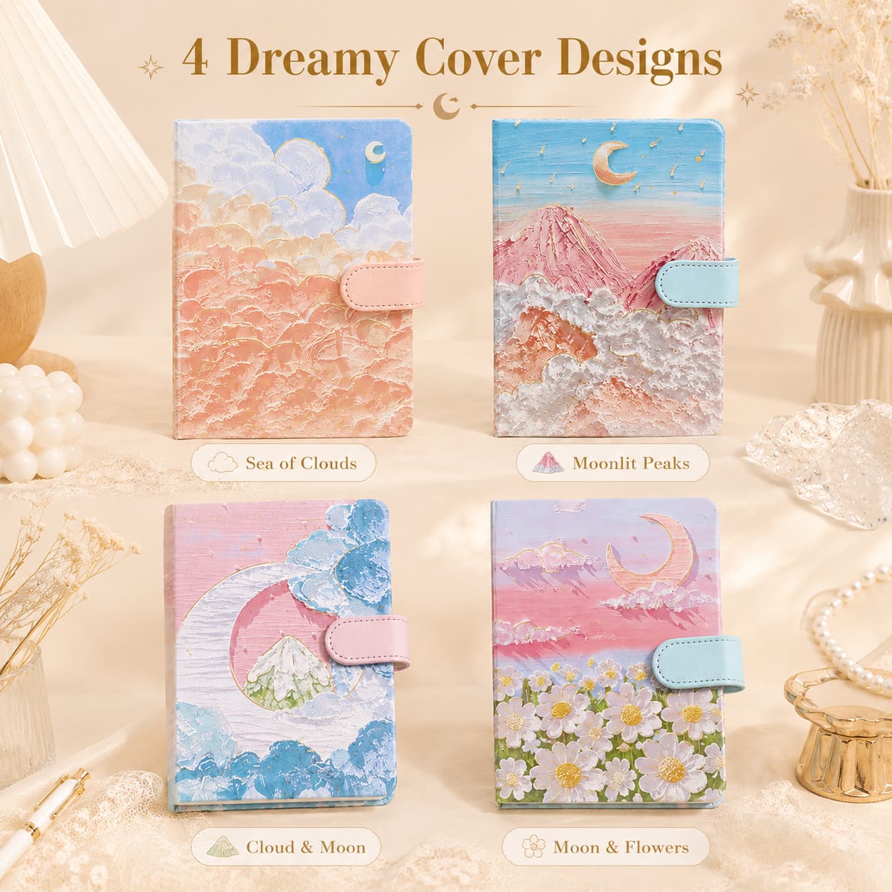 Four poetic notebook cover themes featuring clouds, moonlit mountains, blue cloud art and moonlit flowers.