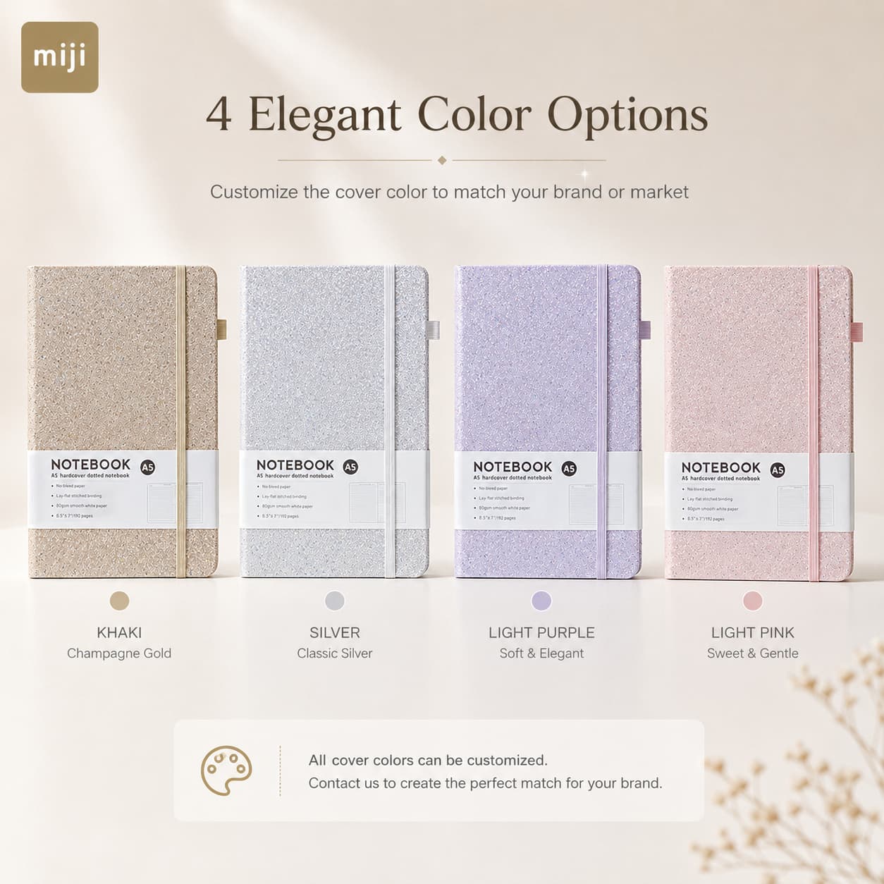 Four color options shown in khaki, silver, light purple and light pink with coordinated elastic bands.