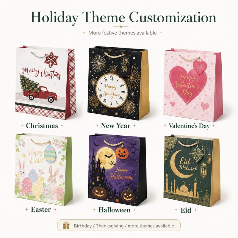 Custom paper gift bag examples for Christmas, New Year, Valentine’s Day, Easter, Halloween and Eid.