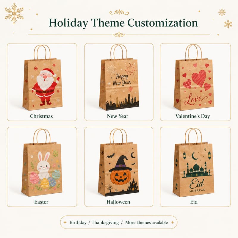 Custom bag examples for Christmas, New Year, Valentine's Day, Easter, Halloween and Eid on kraft paper gift bags.
