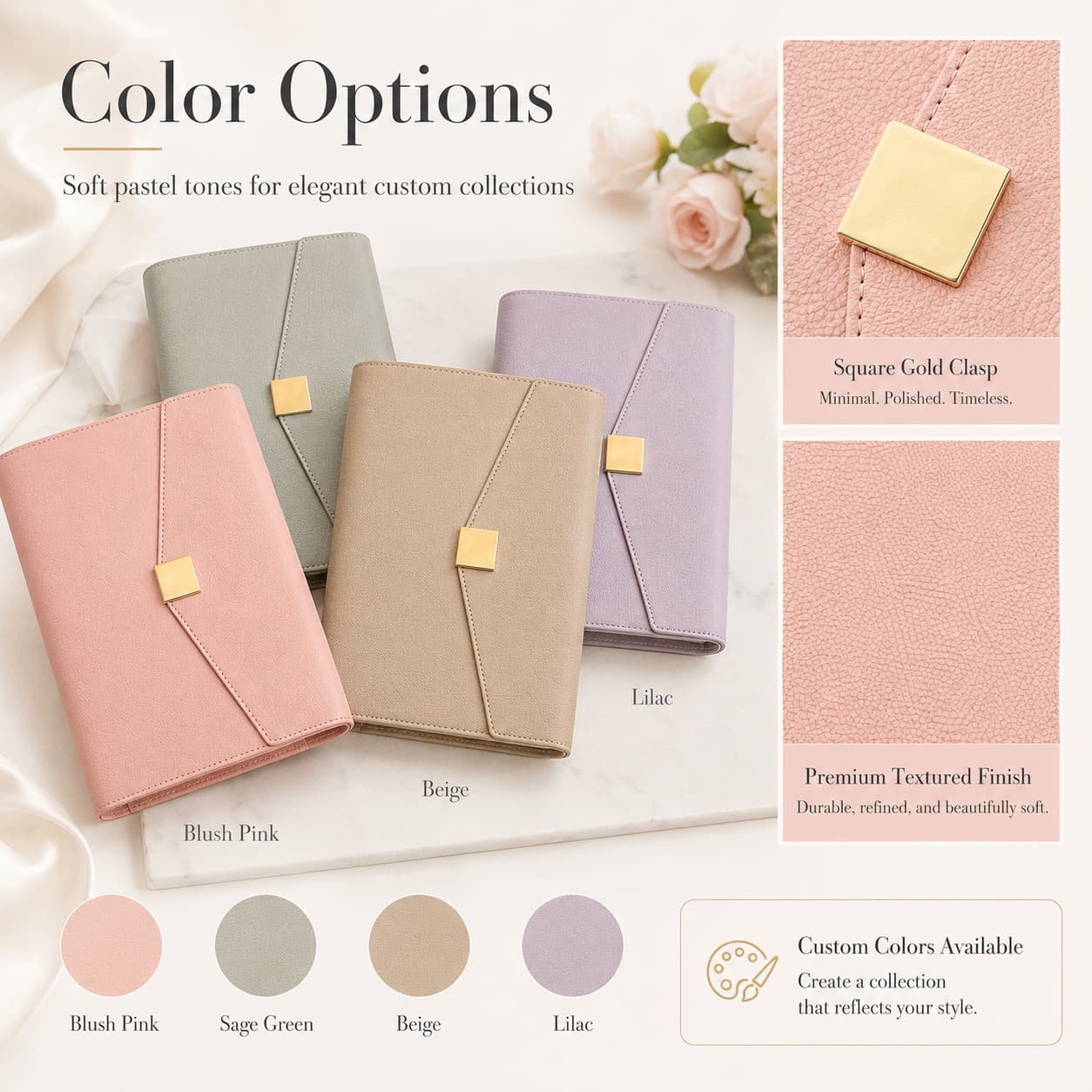 Blush pink, sage green, beige, and lilac planner organizer color options with clasp and PU texture details.