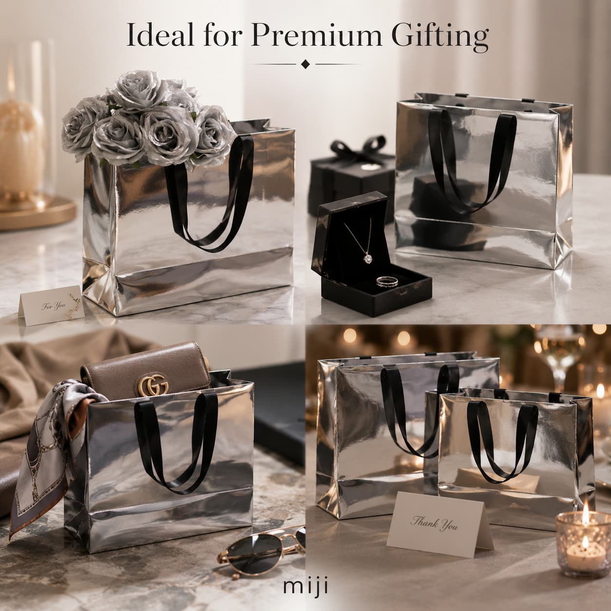 Silver mirror gift bags used for floral gifts, boutique products, events and premium gift presentation.