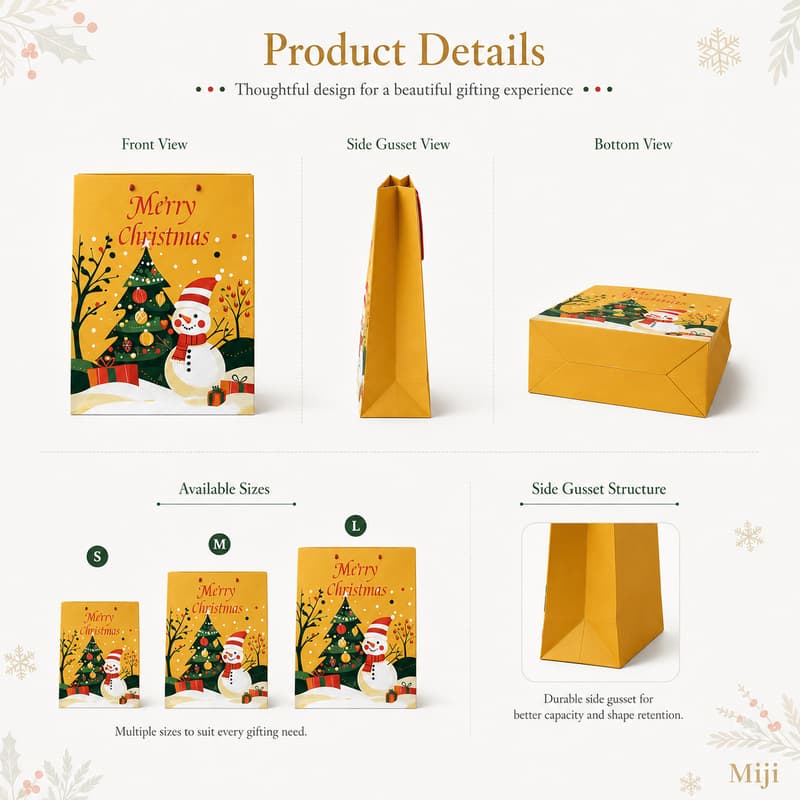 Christmas paper gift bag shown from front, side and bottom with small, medium and large size references.