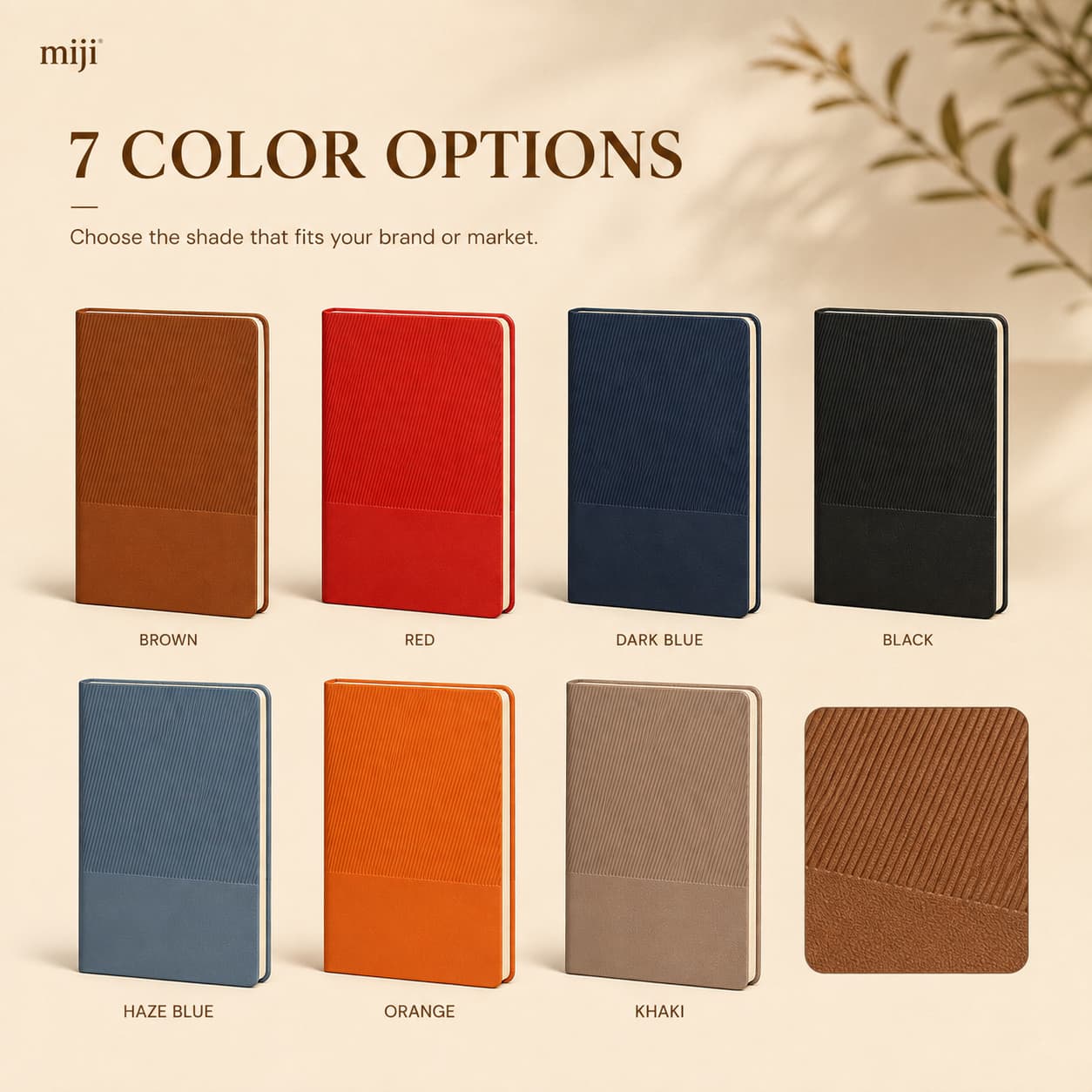 Seven striped PU notebook colors displayed together, including brown, red, dark blue, black, haze blue, orange and khaki.