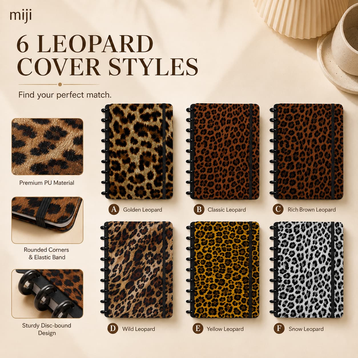 Six A5 leopard-print disc-bound notebook cover options displayed in golden, brown, tan, yellow and black-and-white styles.