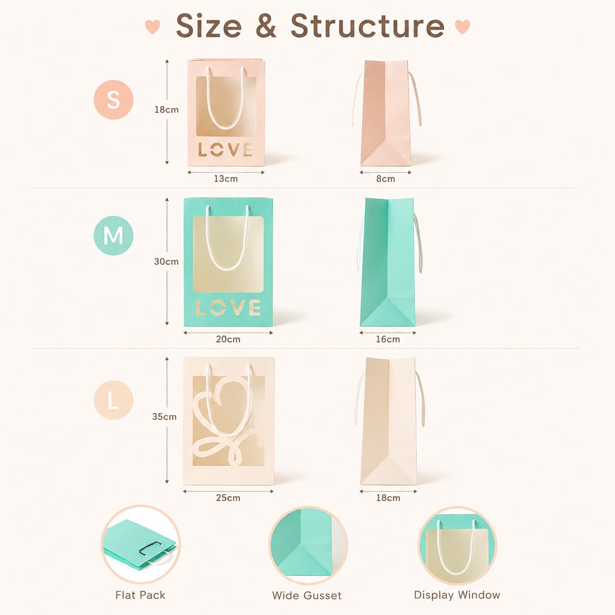 Front and side views of three window gift bag sizes with width, gusset, height and structural details.