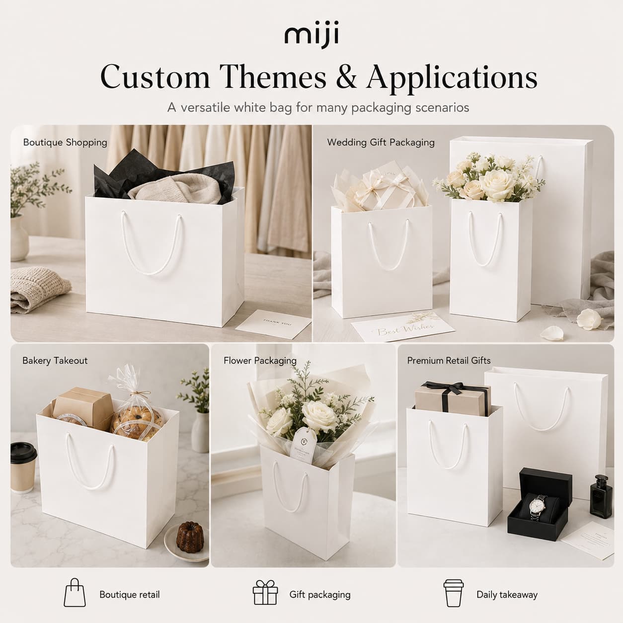 White paper bags styled for boutique shopping, wedding gifts, bakery takeaway, flower packaging and premium retail gifts.