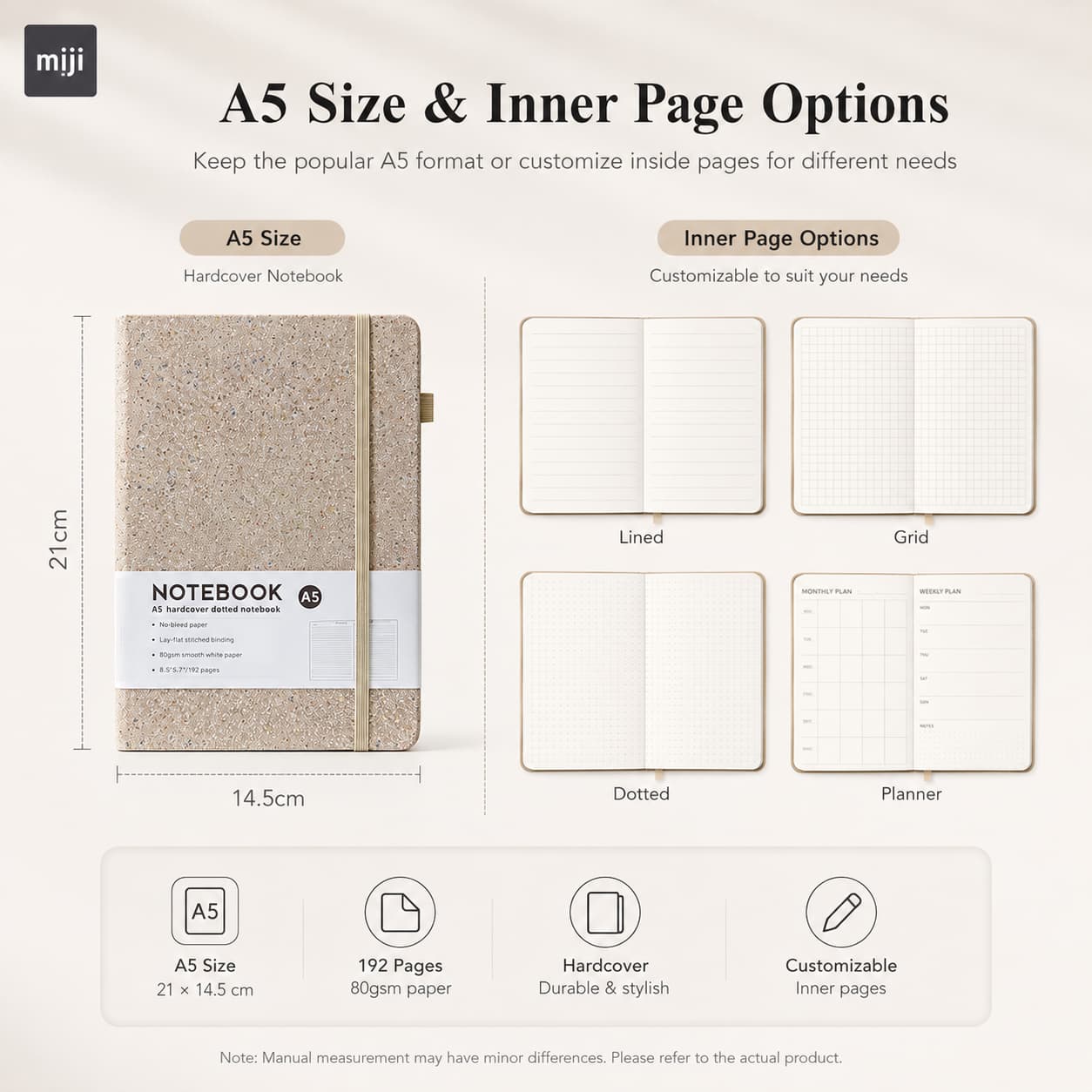 A5 notebook size reference with lined, grid, dotted and planner inner-page customization examples.