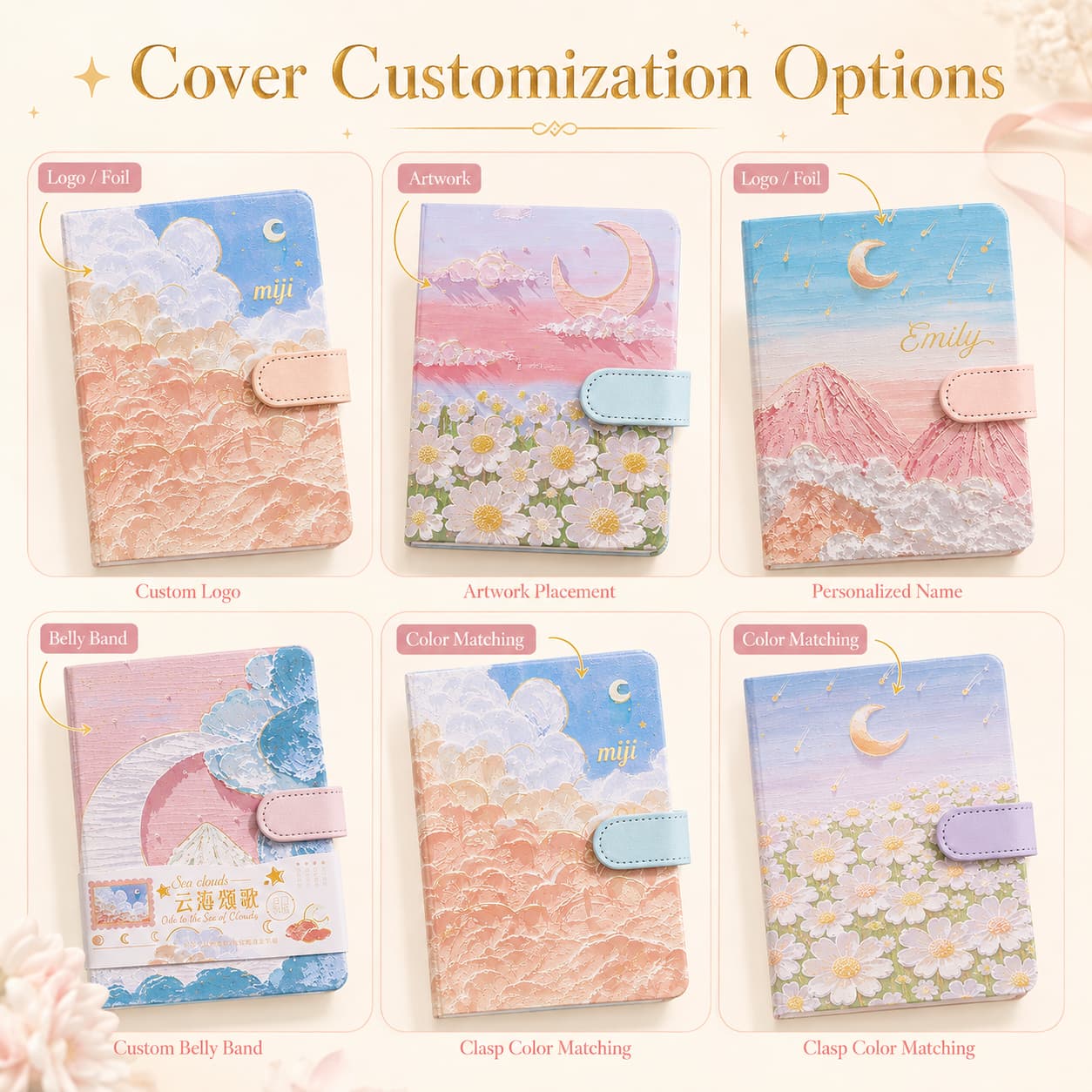Illustrated notebooks showing custom logo, foil, personalized name, belly band, artwork placement and clasp color options.