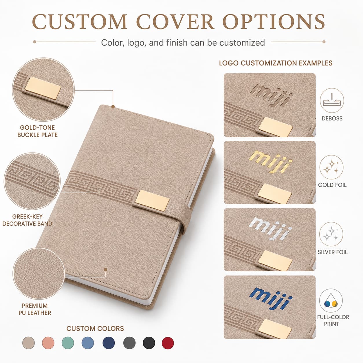 Palm-grain PU notebook with custom cover colors and logo methods including debossing, gold foil, silver foil, and full-color printing.