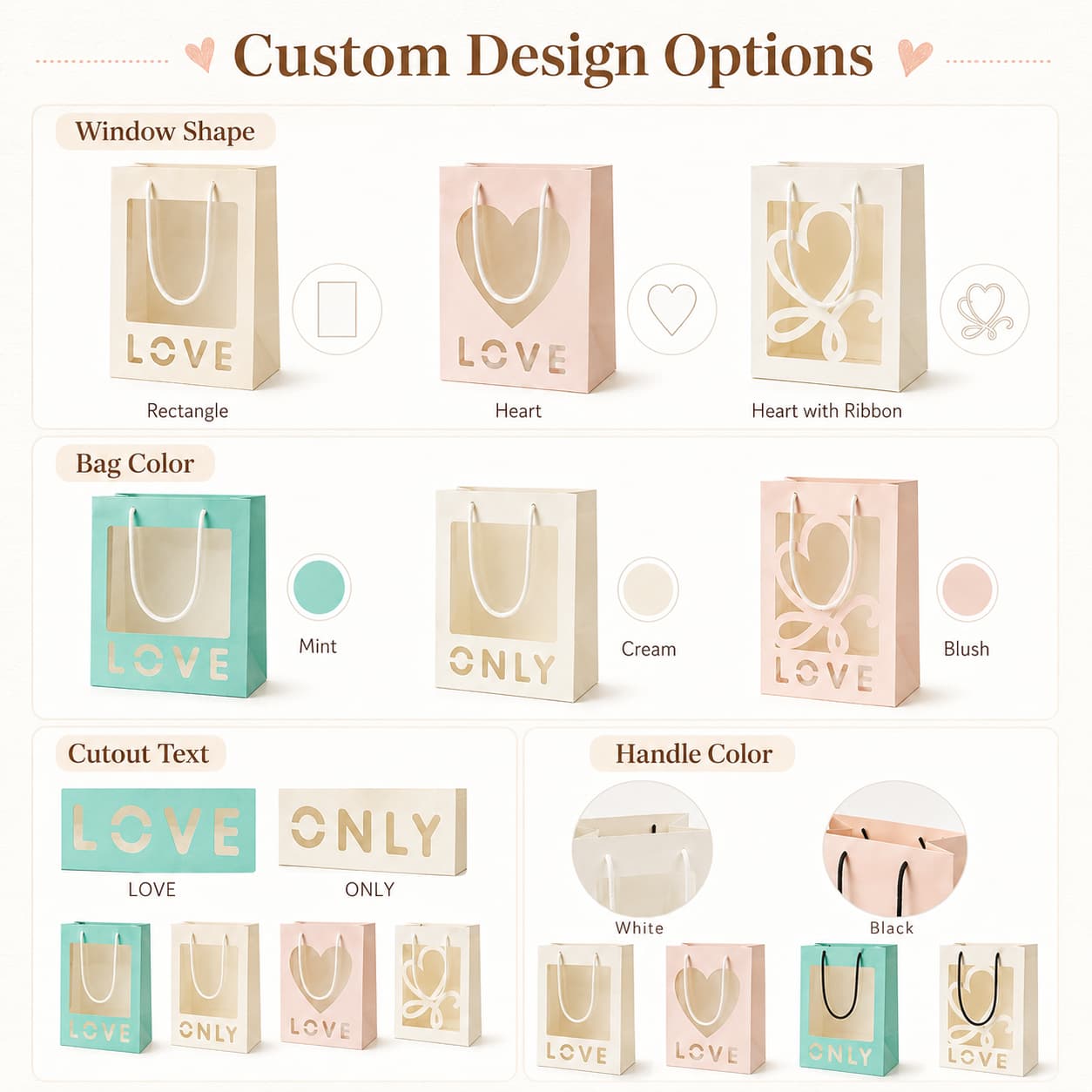 Custom window paper bag options including window shapes, colors, cutout text and handle colors.