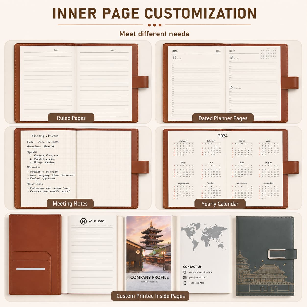 Inner page customization examples including ruled pages, dated planners, meeting notes, yearly calendars and custom company inserts.