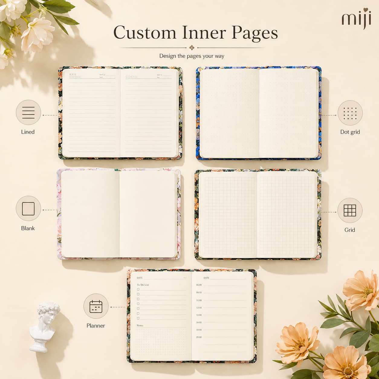 Open notebooks showing lined, dot-grid, blank, grid and planner page layouts for custom production.