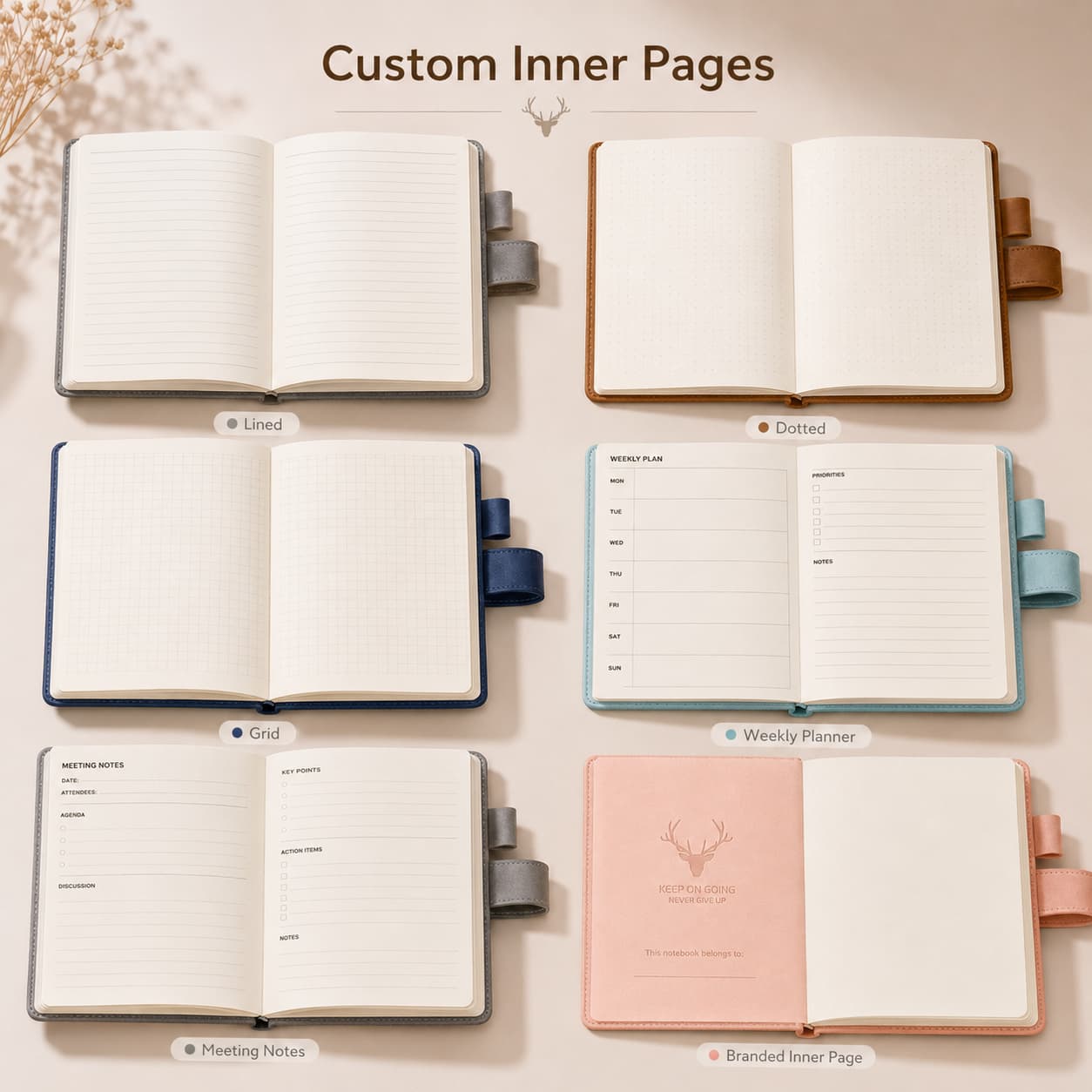 PU buckle notebooks showing debossed logo, foil logo, brand monogram, personalized name and cover color choices.