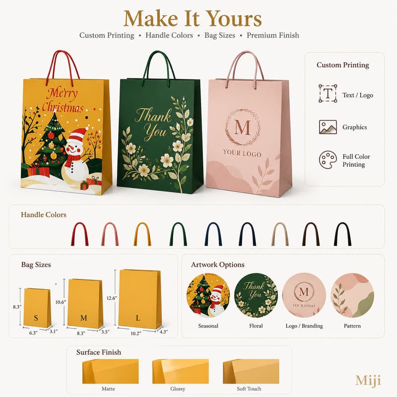 Customization options for paper gift bags including artwork, logo, handle colors, bag sizes and surface finishes.