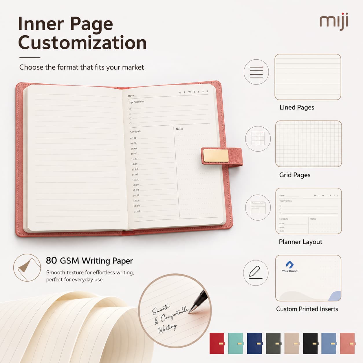 Open notebook showing lined, grid, planner, and custom printed inner-page layouts with 80gsm writing paper.