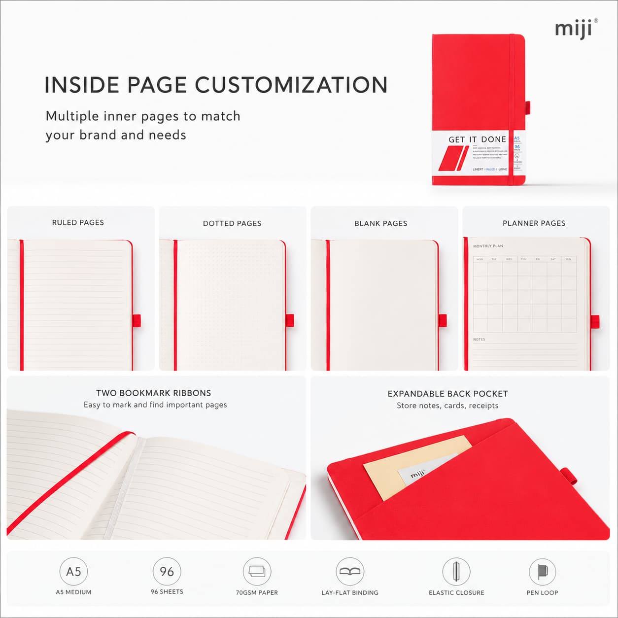 A5 notebook customization examples including ruled, dotted, blank and planner pages, bookmark ribbons and a back pocket.