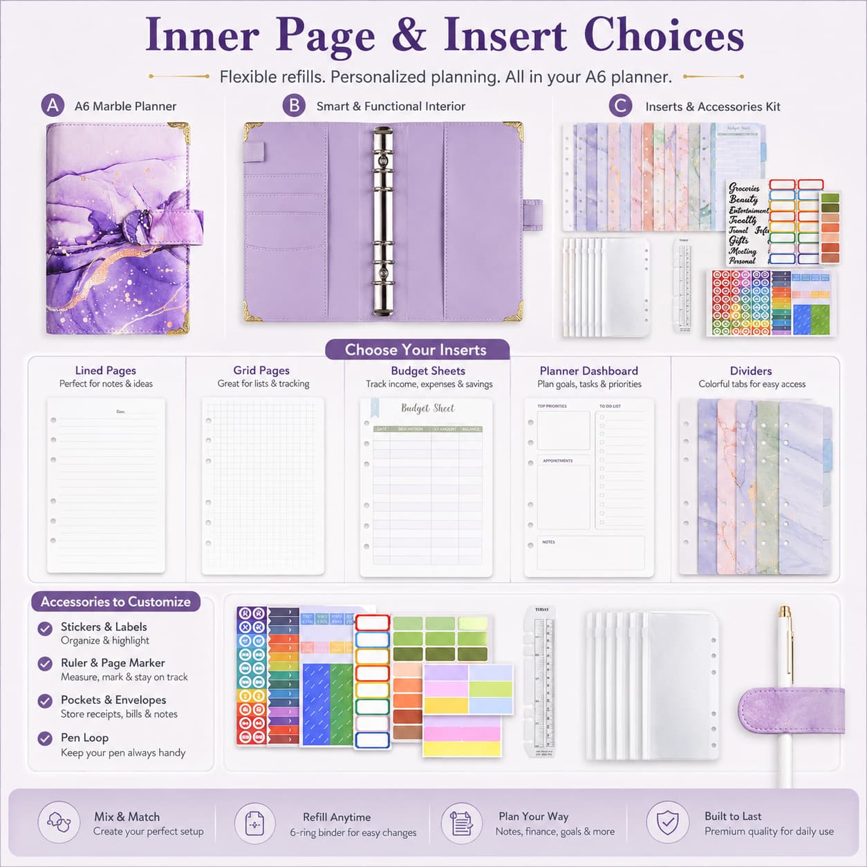 A6 ring-binder planner with lined, grid, budget, dashboard and divider insert options plus stickers, pockets and ruler accessories.