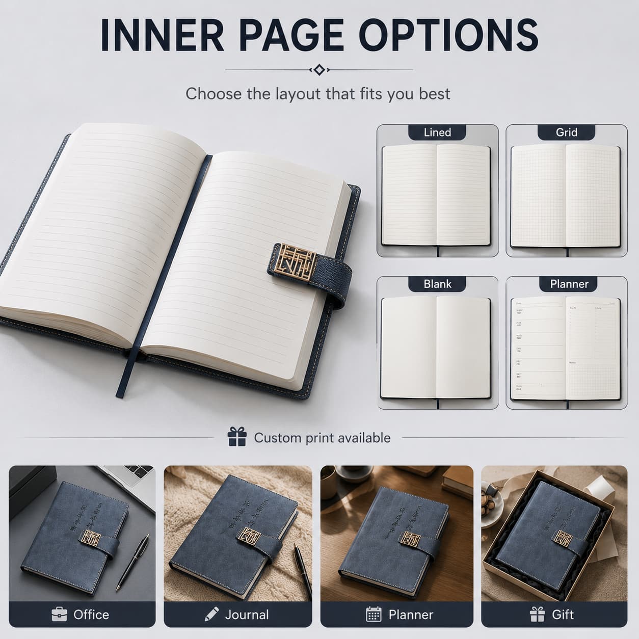 Open A5 notebook with lined, grid, blank, and planner inner-page customization examples.