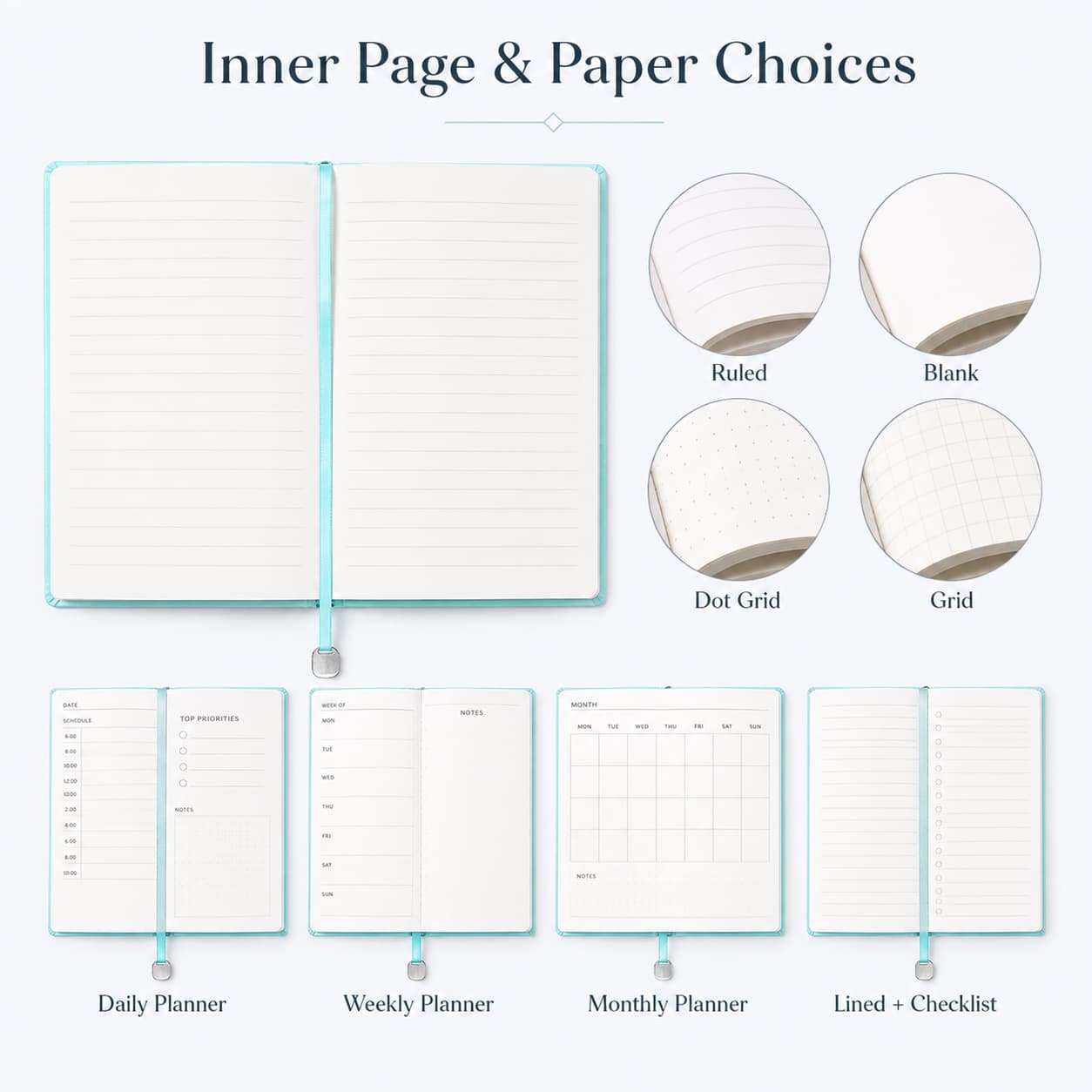 Open notebook with ruled, blank, dot-grid, grid and planner page layout options for custom production.