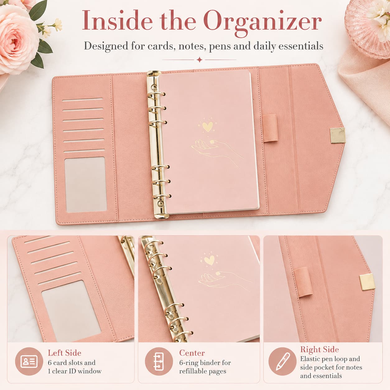 Open pink planner organizer showing left card slots and ID window, center 6-ring binder, right pen loop, and storage pocket.
