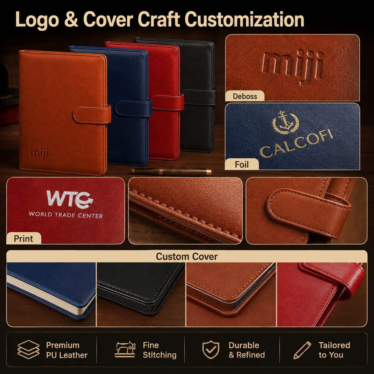 PU notebooks showing debossed, foil and printed logo examples with close-up stitching, corners and clasp details.
