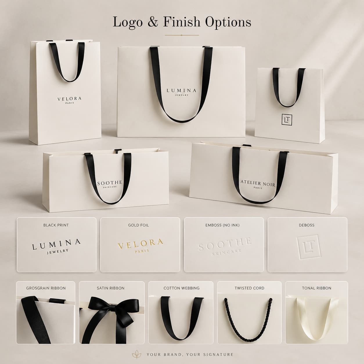 White paper gift bags with black print, gold foil, embossing, debossing and several ribbon or cord handle options.