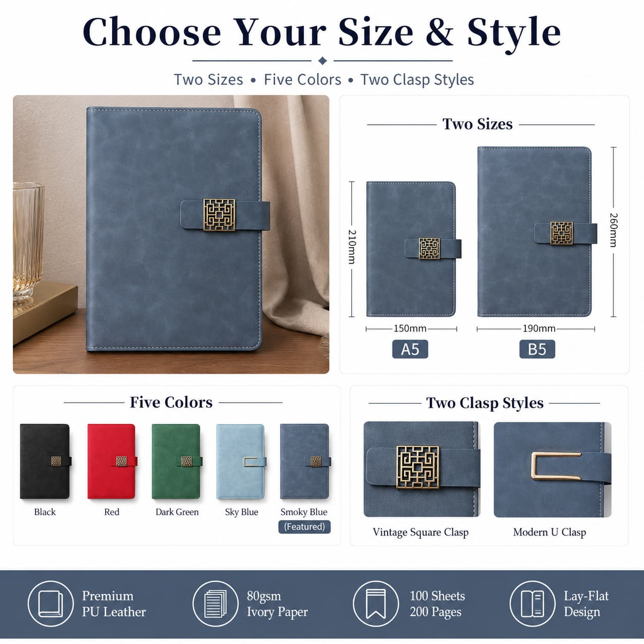 Product option board showing A5 and B5 sizes, five cover colors, vintage square clasp and modern U-shaped clasp styles.