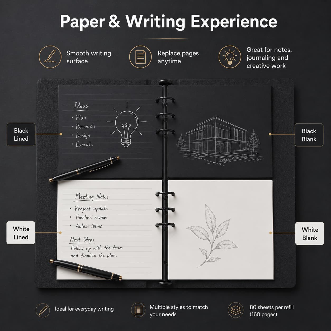 Open loose-leaf notebook demonstrating writing and sketching on black lined, black blank, white lined and white blank pages.