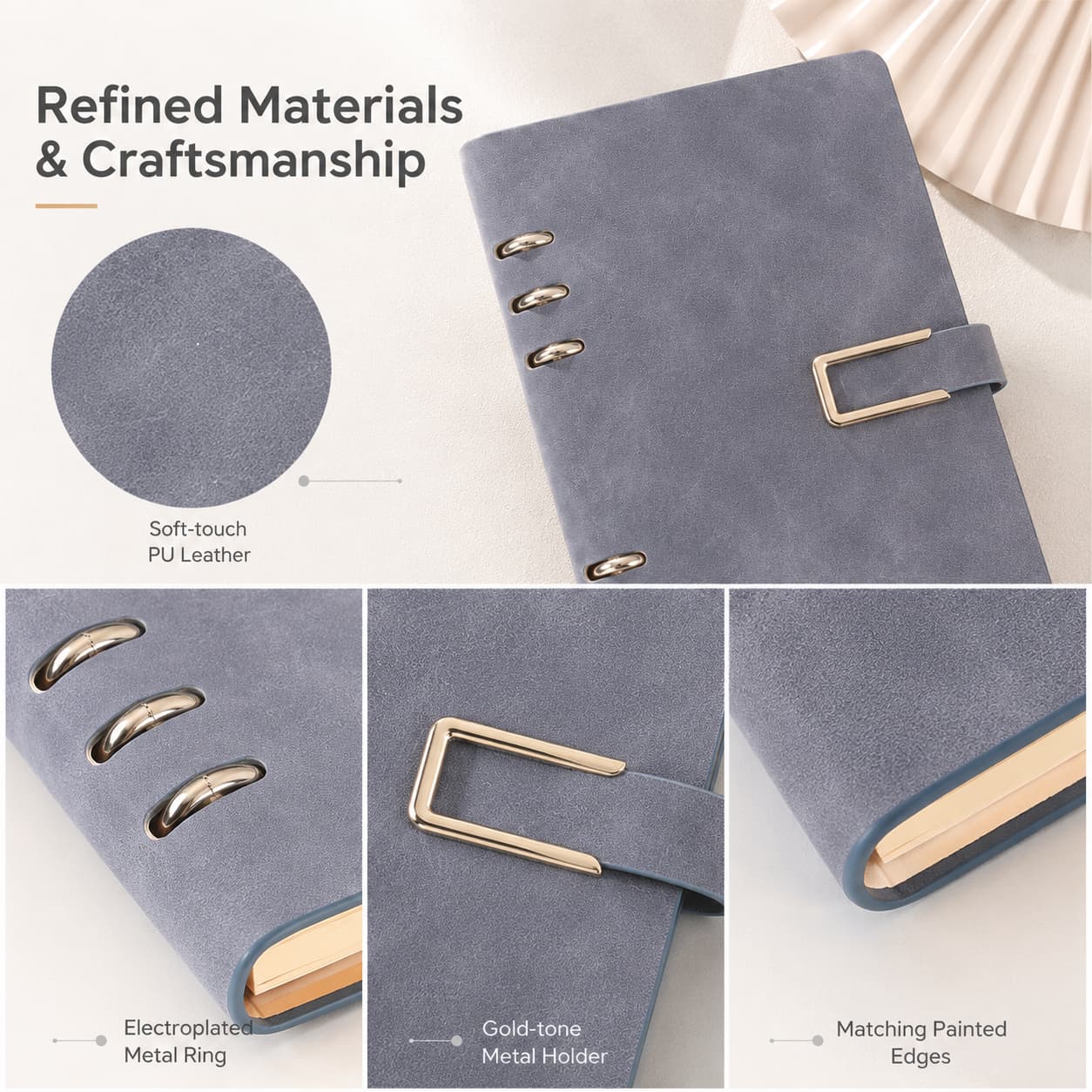 Close-up details of soft-touch PU, electroplated ring accents, gold-tone metal pen holder and matching painted edges.