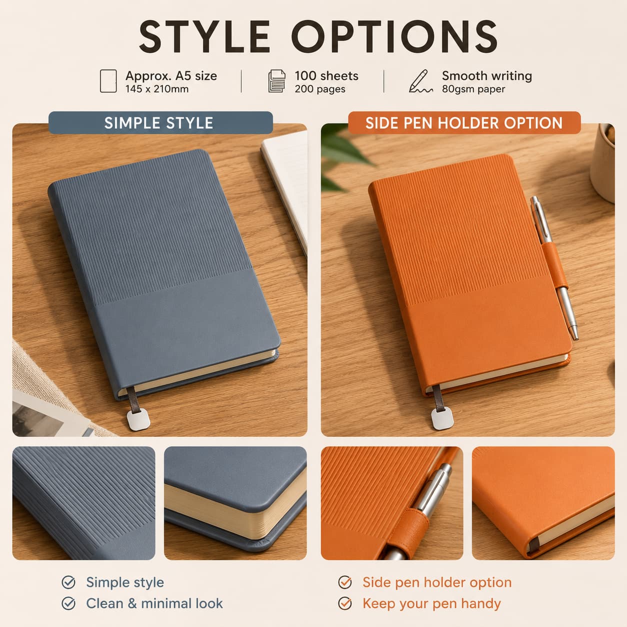 Comparison of the simple A5 notebook version and an optional side pen holder design with close-up cover and pen-loop details.