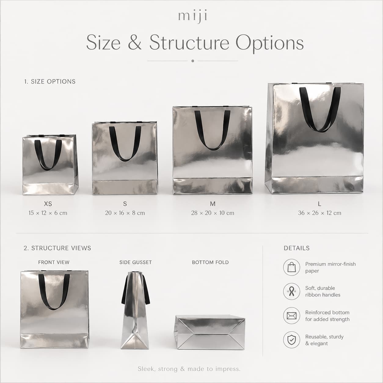 Multiple silver metallic gift bag sizes with front, side, bottom and handle structure views.