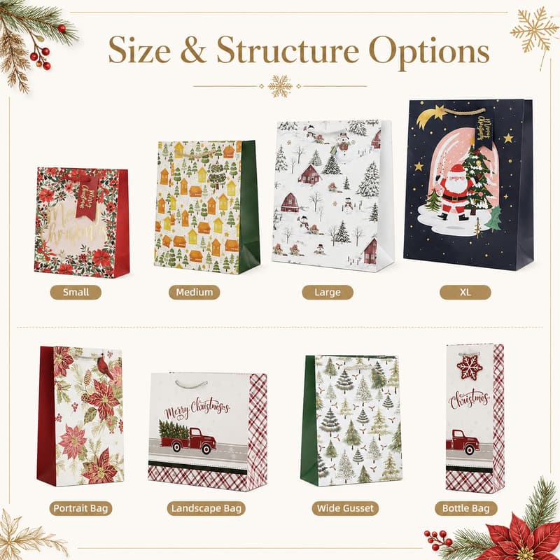 Paper gift bag examples in small, medium, large and XL sizes with portrait, landscape, wide-gusset and bottle structures.