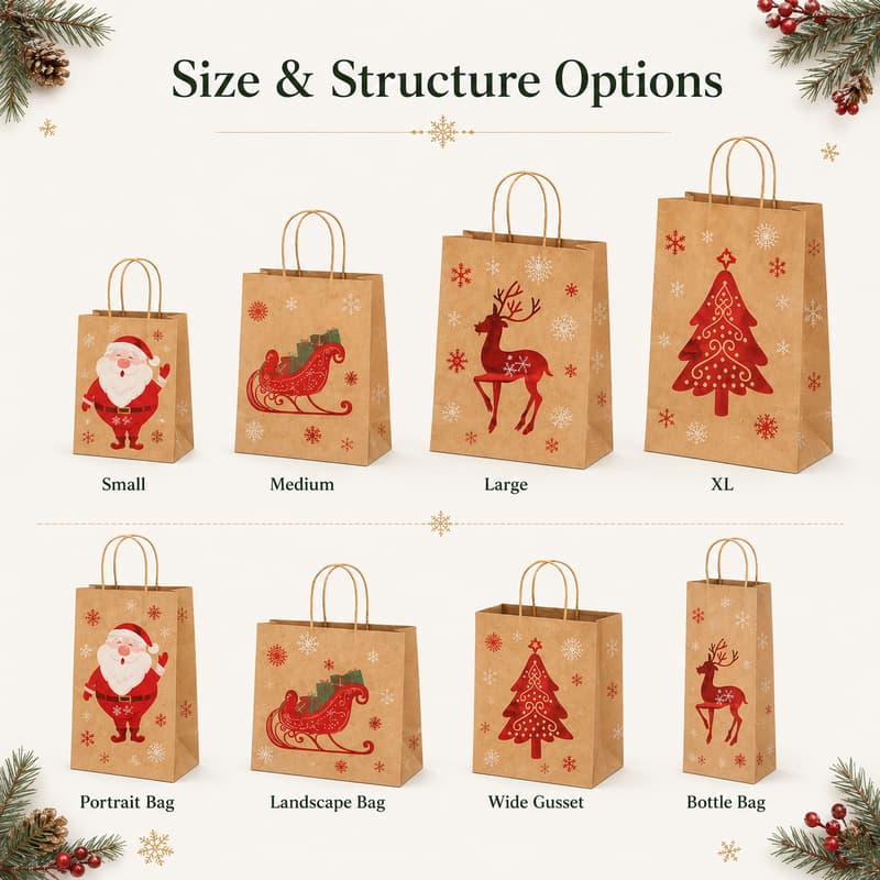 Kraft paper bag examples in small, medium, large and XL sizes plus portrait, landscape, wide gusset and bottle bag formats.