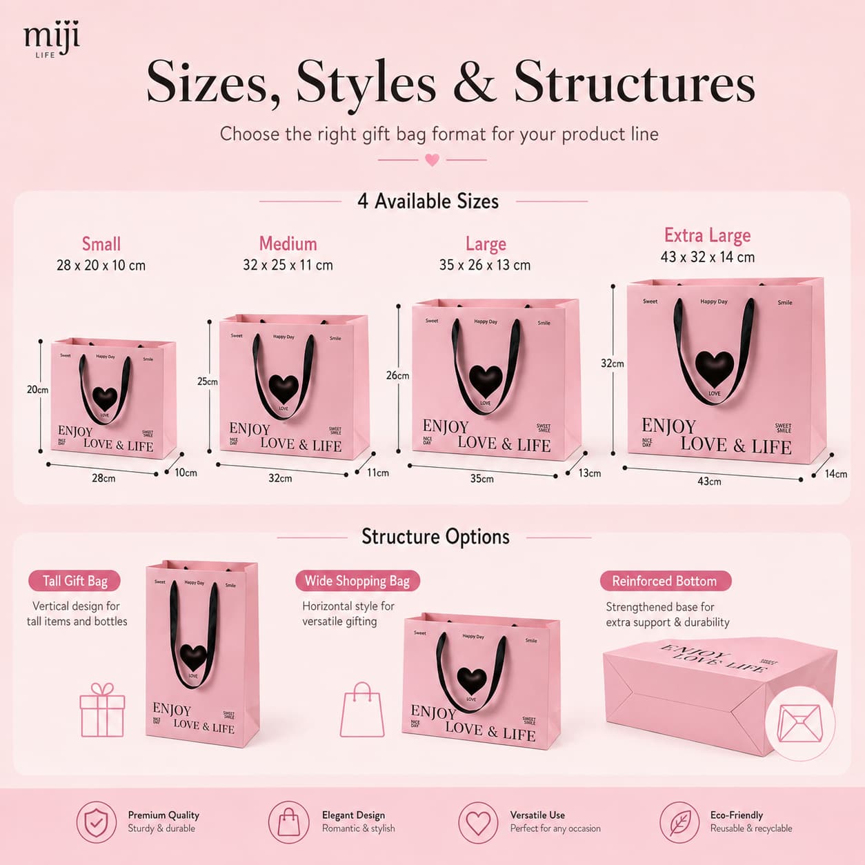 Pink paper gift bags shown in four reference dimensions and tall, wide and reinforced-bottom structures.