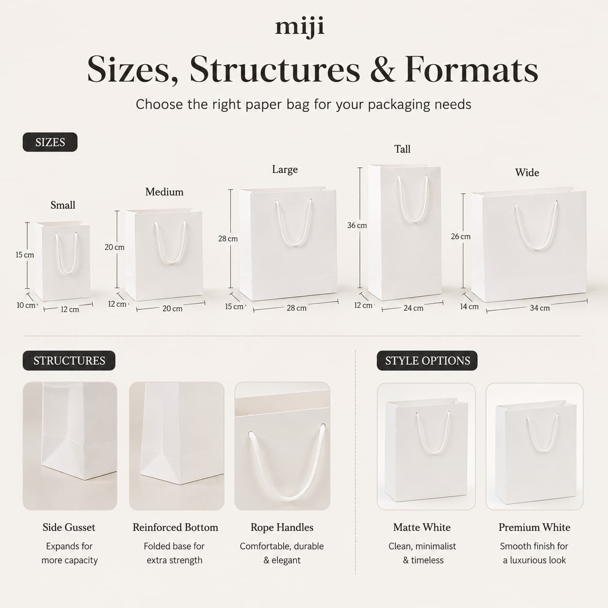 White paper bags shown in small, medium, large, tall and wide formats with side gusset, folded bottom and rope-handle details.