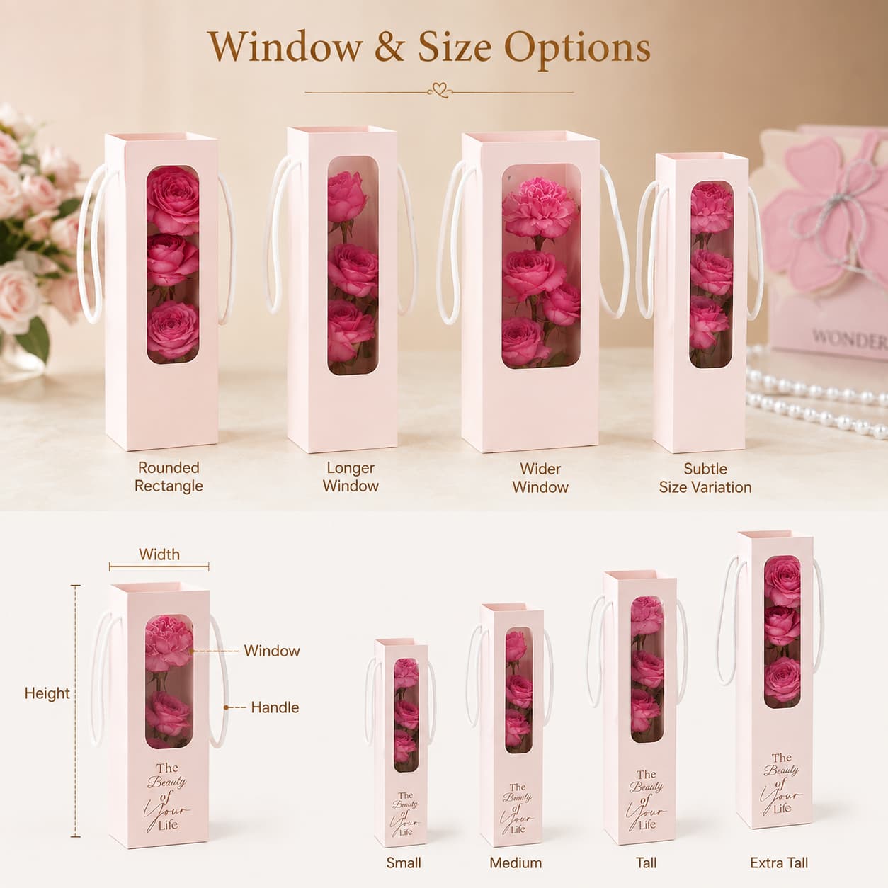 Flower gift bags shown with different window proportions and size variations for custom floral packaging.