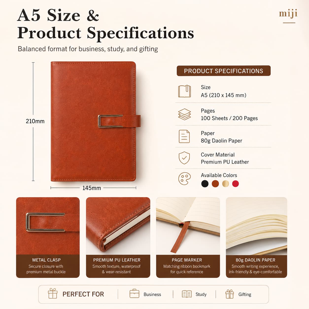 A5 PU notebook product specifications including size, page count, paper, colors, and clasp.