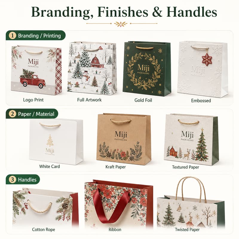 Custom holiday paper bag examples showing logo printing, full artwork, gold foil, embossing, paper choices and handle styles.