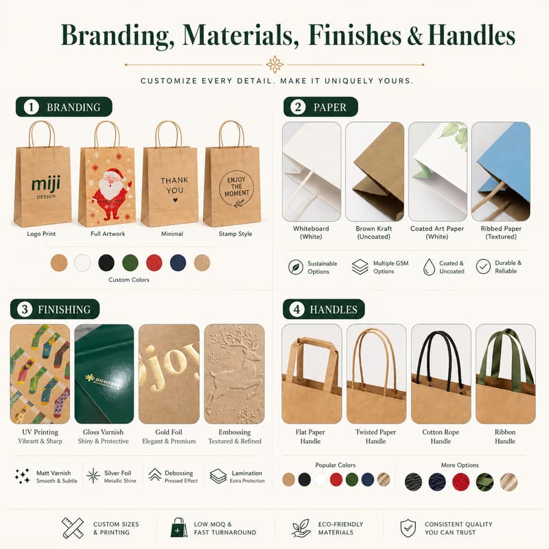 Holiday paper bag customization overview showing branding styles, paper choices, finishing options and handle types.