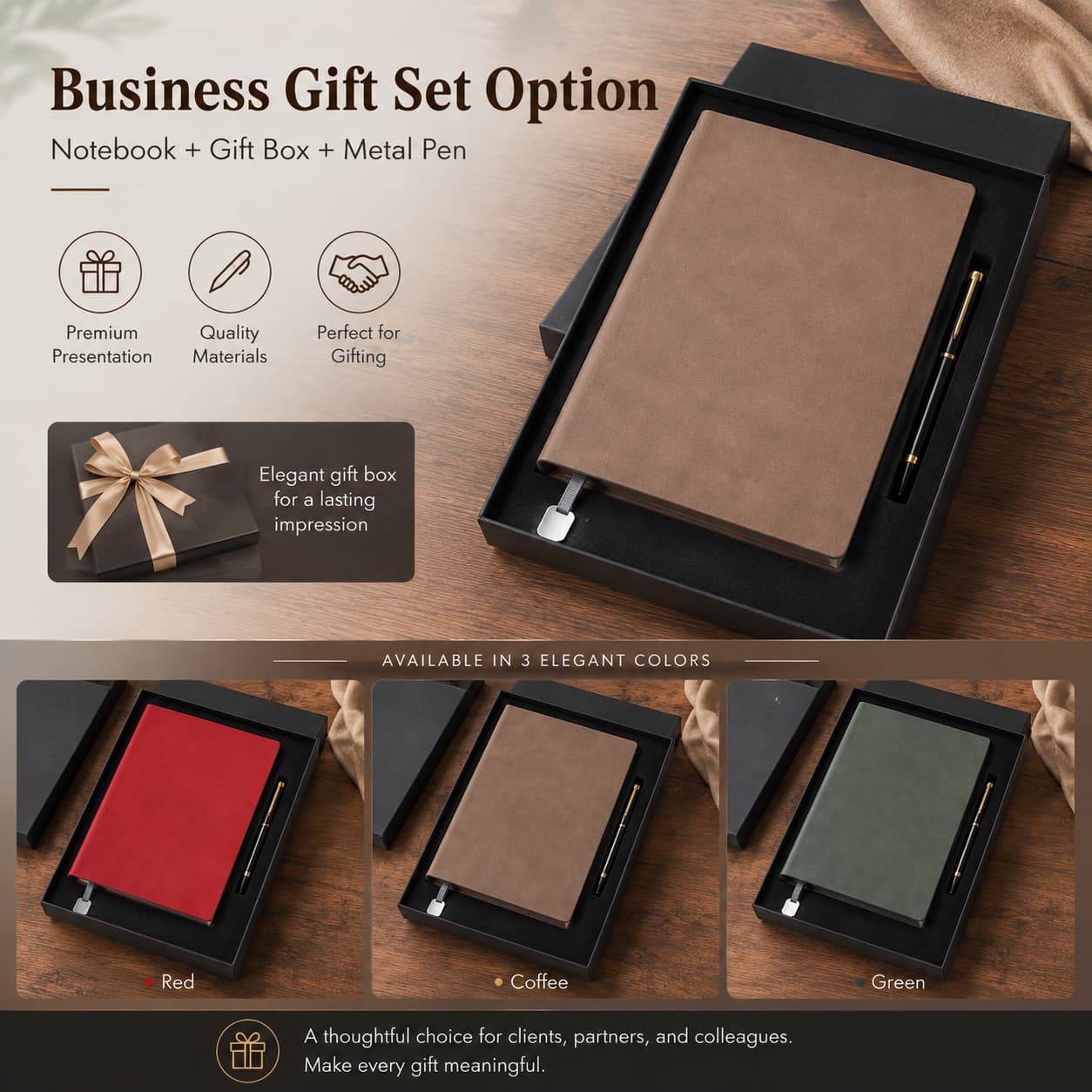 Coffee brown, red and dark green A5 notebooks shown with rigid gift boxes, fitted inserts and metal pens for business gifting.