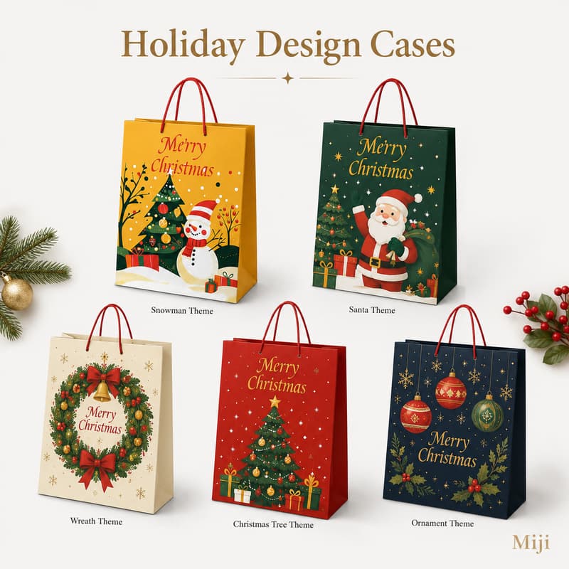 Christmas paper gift bag design examples featuring snowman, Santa, wreath, tree and ornament themes.