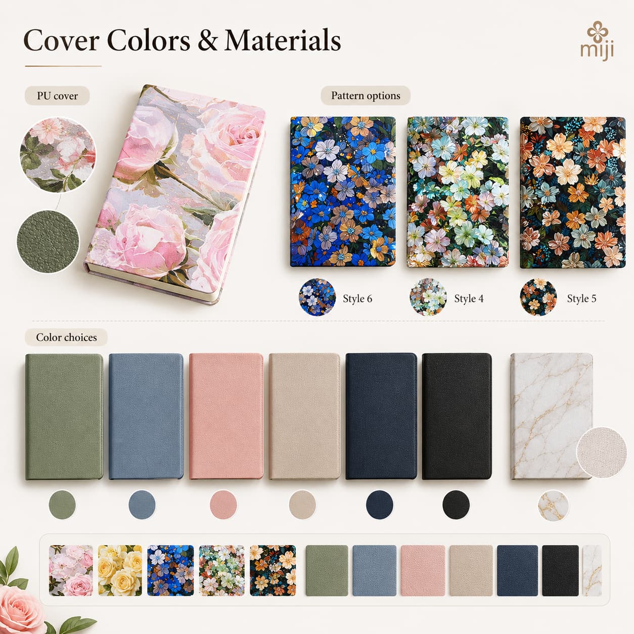 Floral and solid-color notebook cover examples with PU texture, pattern and color swatches.