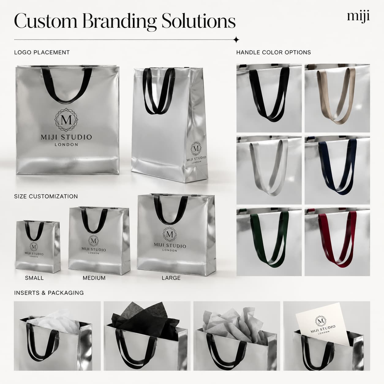 Silver gift bag customization examples showing logo placement, handle colors, size choices and packaging formats.